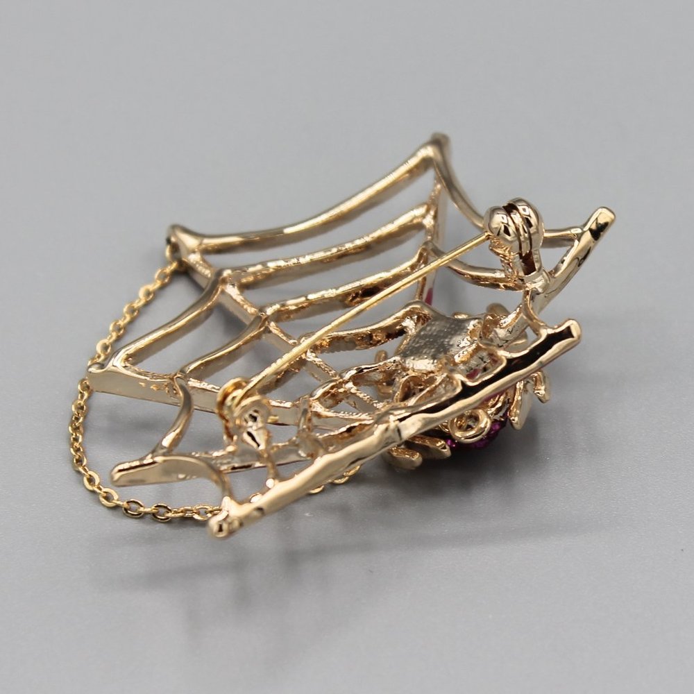 Pink & gold tone spider spiderweb pin brooch - Picture 8 of 8